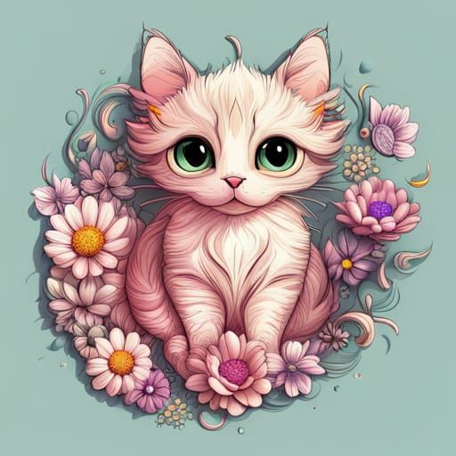 Charming Chibi Cat Covered in Colorful Flowers