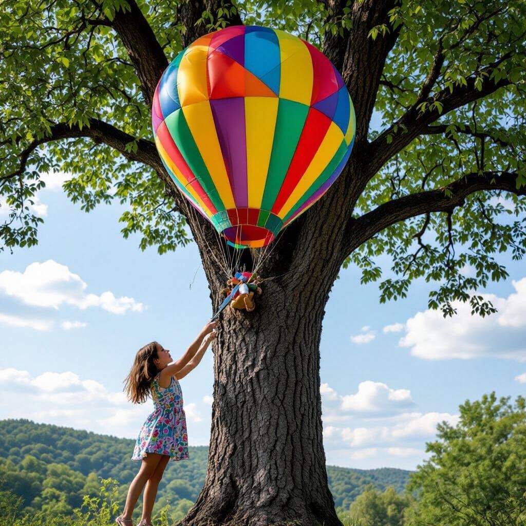 Girl Crafts Parachute Balloon from Tree Trunk