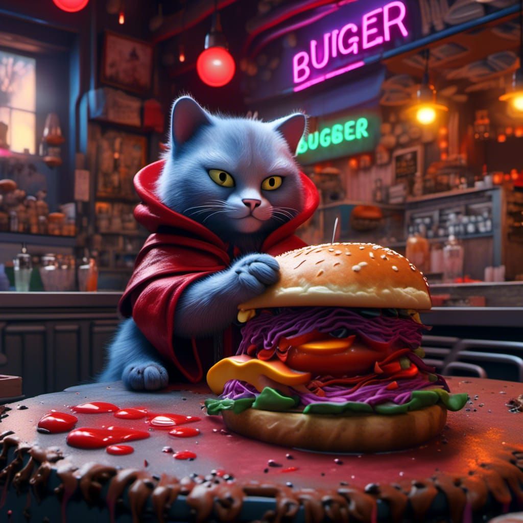 Cat Red Riding Hood at Burger Shop: Detailed Matte Painting
