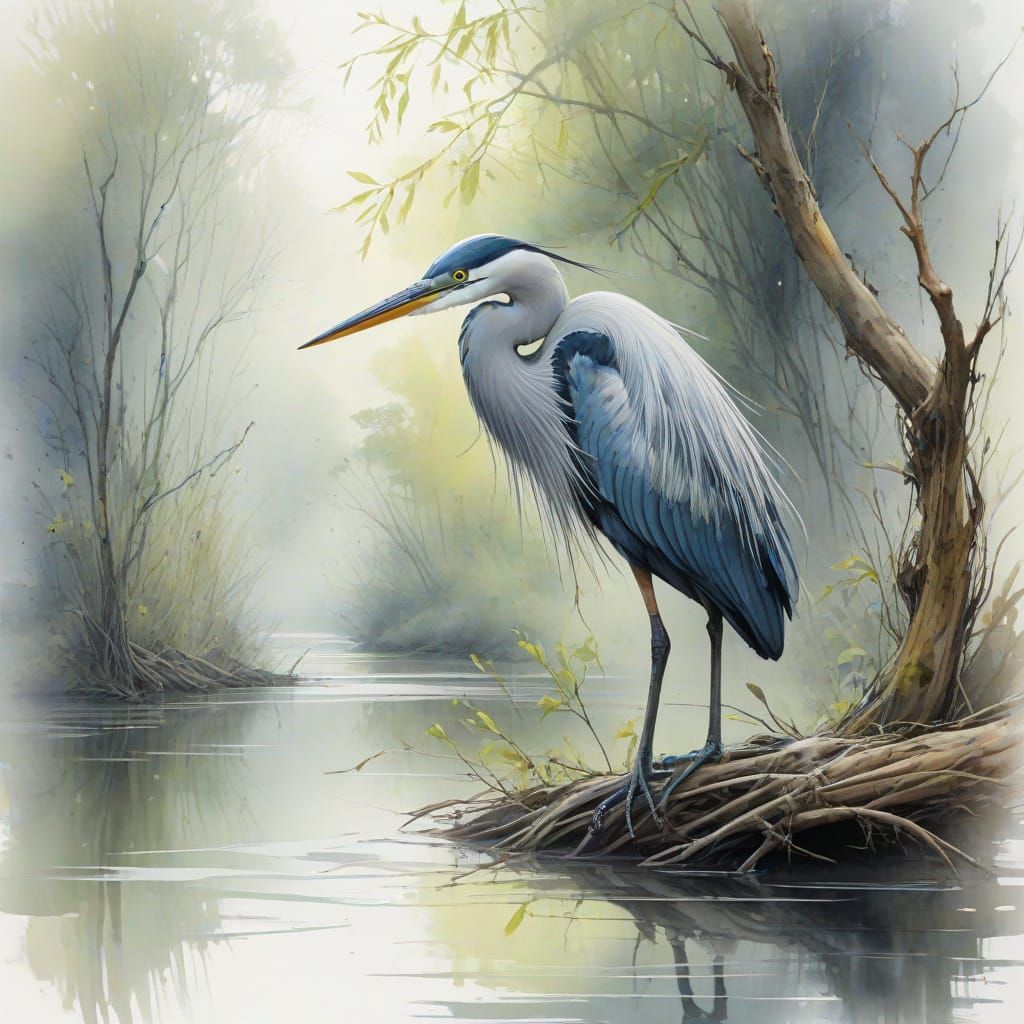 Heron in Misty Creek: Stylized Watercolor Art