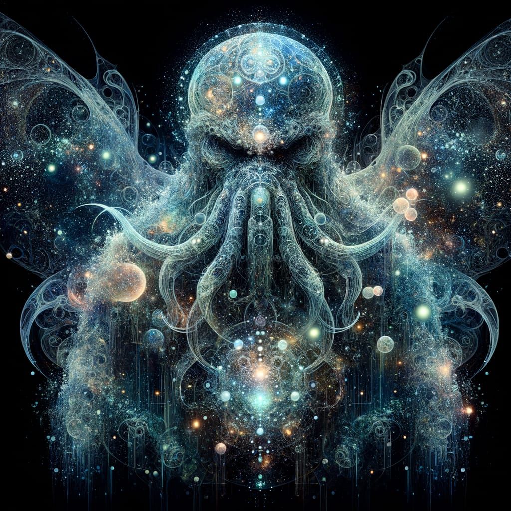 Bioluminescent Cosmic Entity in Surreal Double Exposure