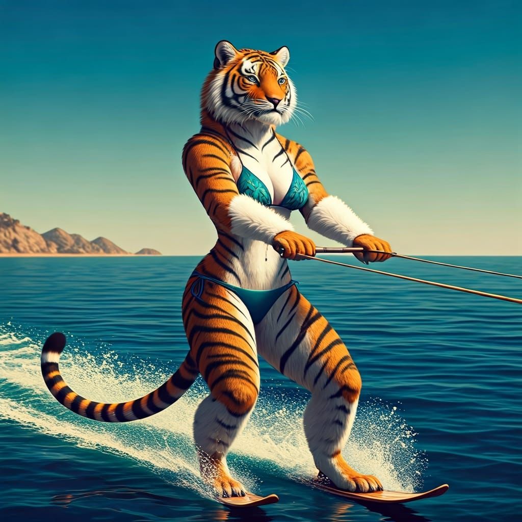 Waterskiing Tigress in Surreal Futuristic Style