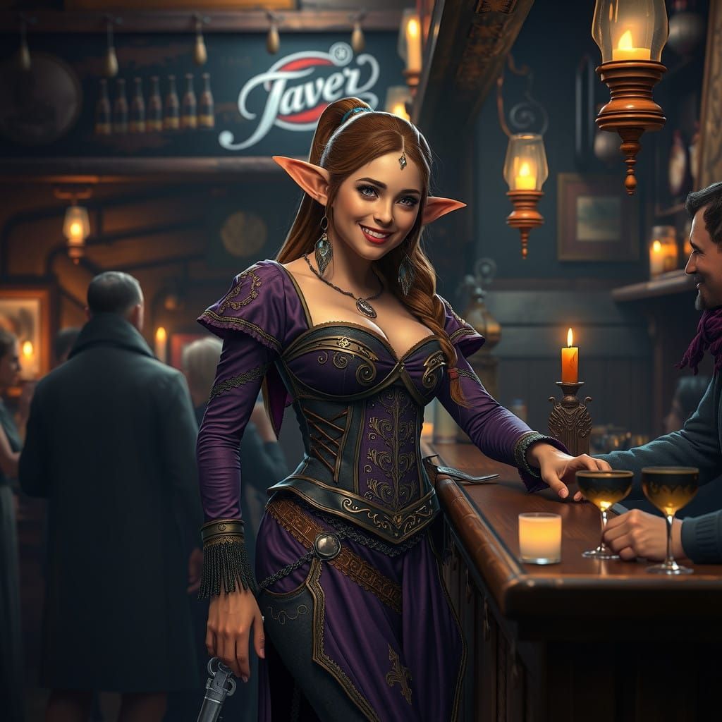 Enchanting Tavern Elf Barmaid in Elegant Fantasy Attire