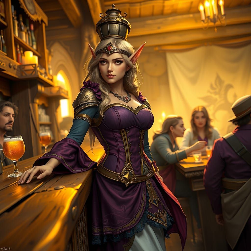 Sylvara Tavern Elf Barmaid in Elegant Purple Corset Dress