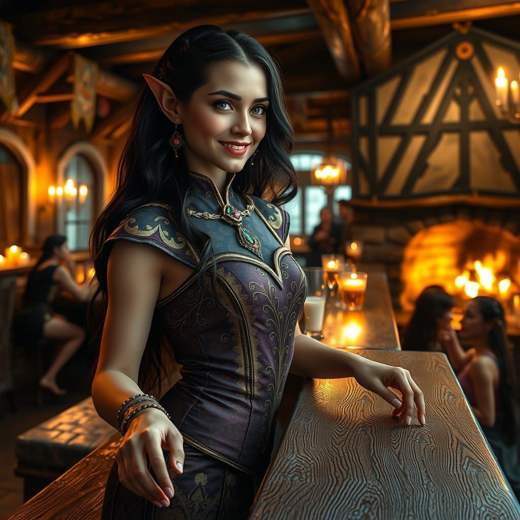 Serene Tavern Elf Barmaid in Golden Light