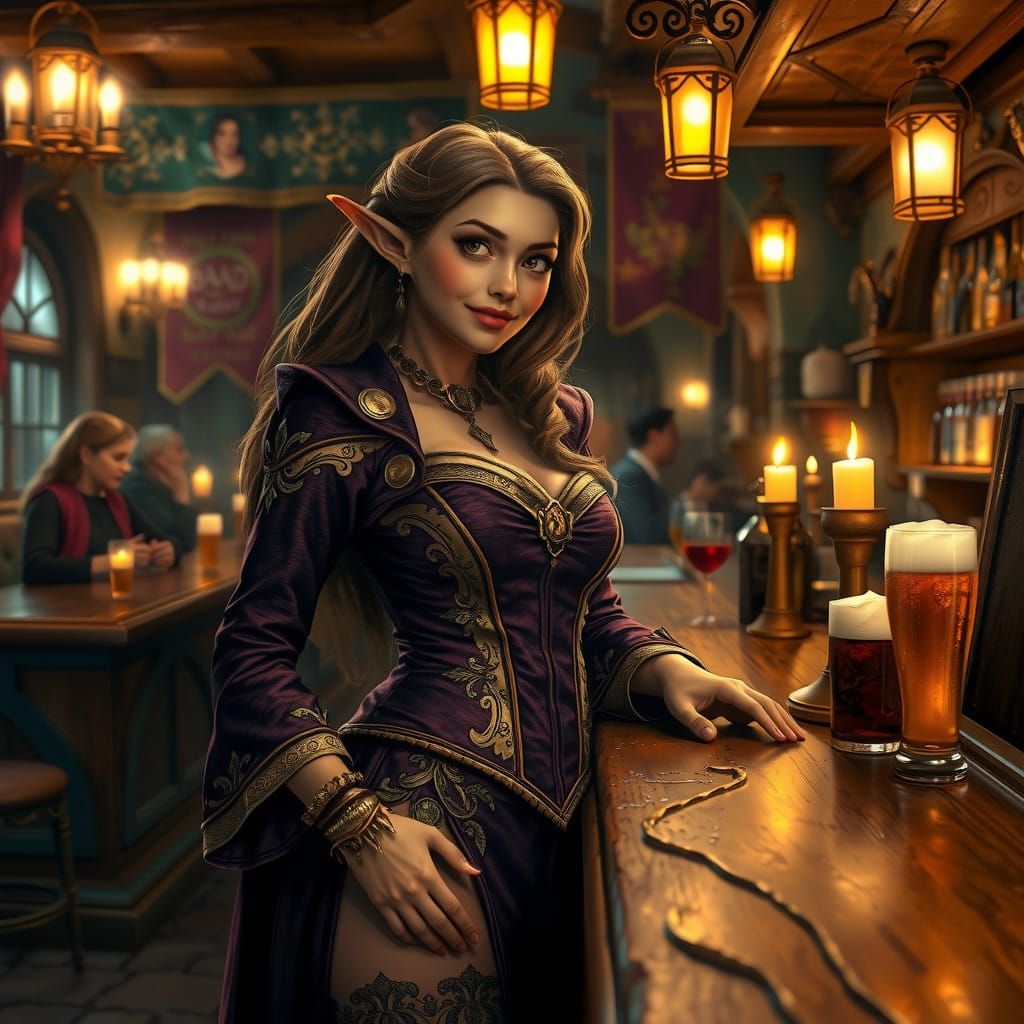 Elegant Tavern Elf Barmaid in Warm Golden Light