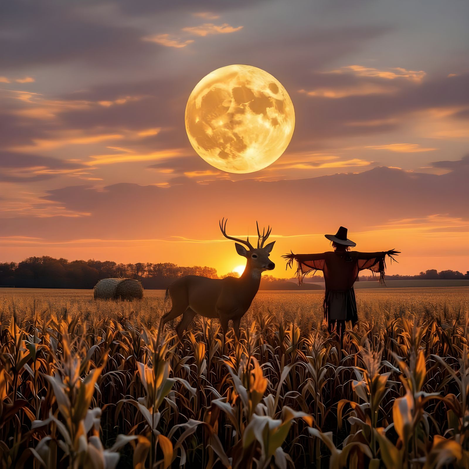 Golden Hour Harvest Moon Over Autumn Cornfield