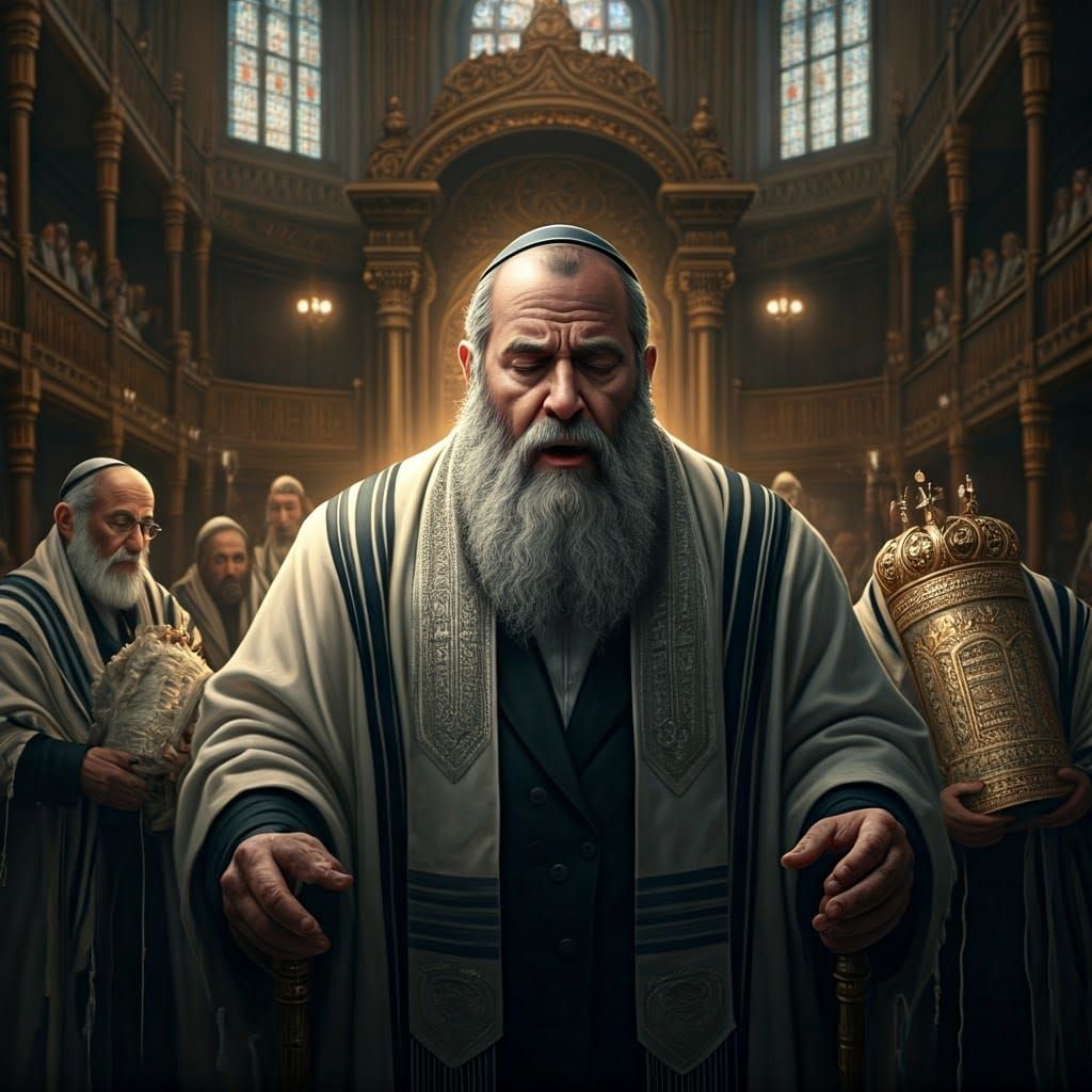 A somber, bearded Jewish man, sixty years of age, with shiba...