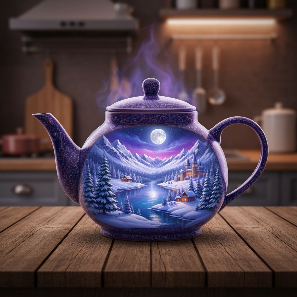Whimsical Teapot with Glowing Winter Village Scene