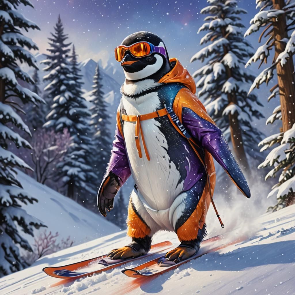 Penguin Skier in Snowy Mountain Landscape