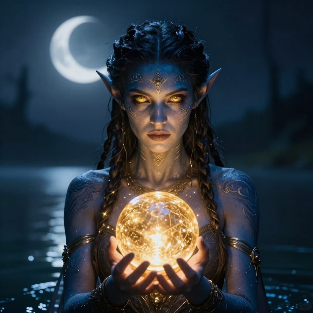 Mystical Blue Elf Sorceress Emerges From Enchanted Lake