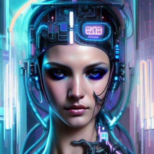 Cyberpunk Fembot Hacker in Neon Cityscape