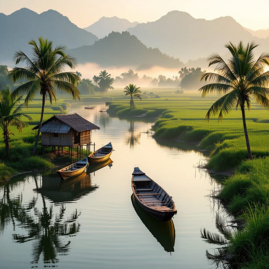 Peaceful Vietnamese Riverside Sunrise with Boats and Hut