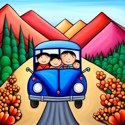 Family Picnic in Car, Folk Art Style