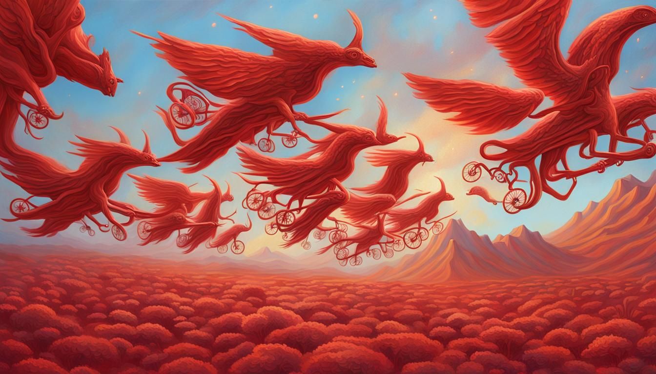 Winged Bicycles Soaring in Surreal Oil Painting