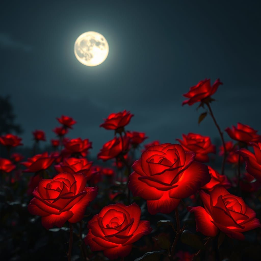 Glowing Electric Red Roses Under Moonlight Garden