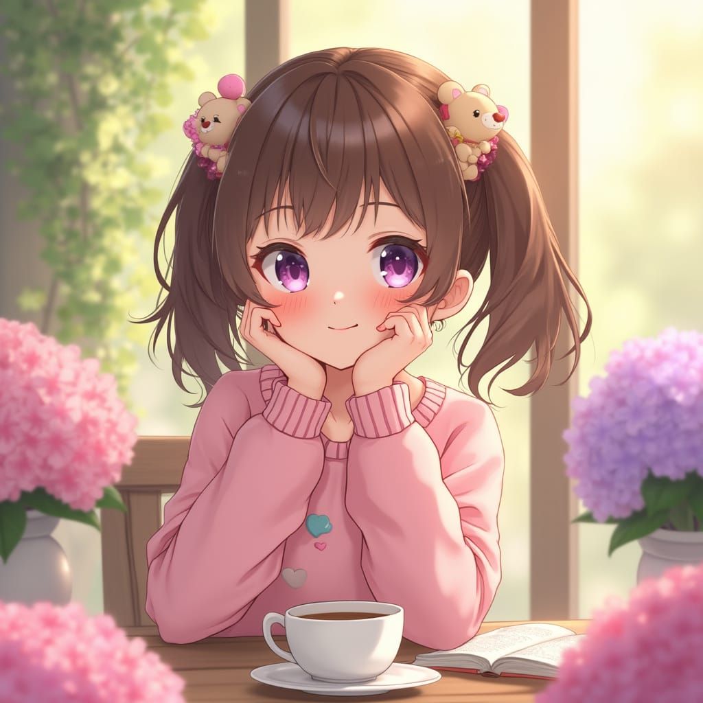 Anime Girl in Hydrangea Garden, 3D Rendered Style