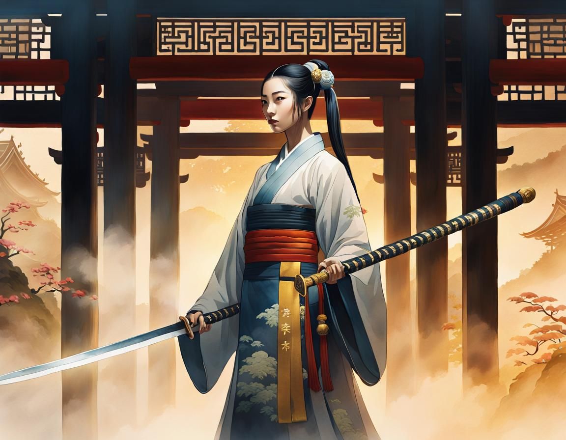 Taoist Nun Warrior in Chinese Watercolor Style