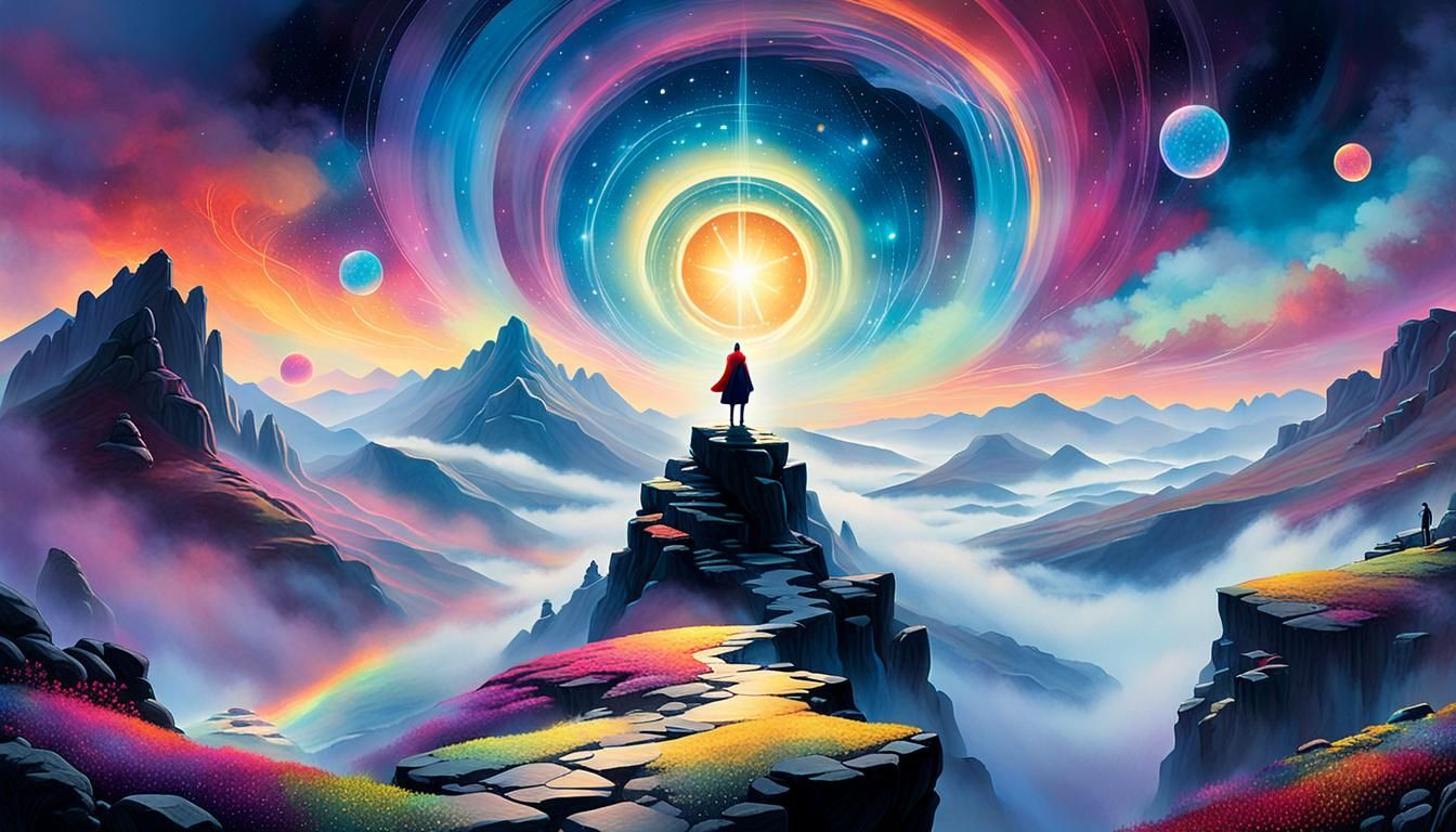 Ethereal Figure Reaching for Light in Fantasy Landscape