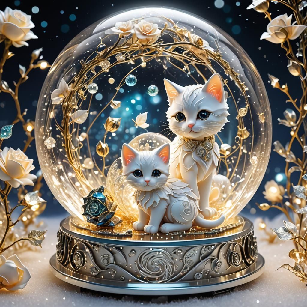 Cyberpunk Kittens in Glass Origami Snowglobe