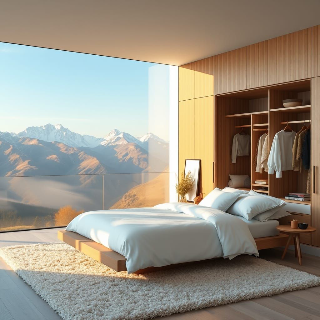 Minimalist Bedroom with Mountain View at Golden Hour