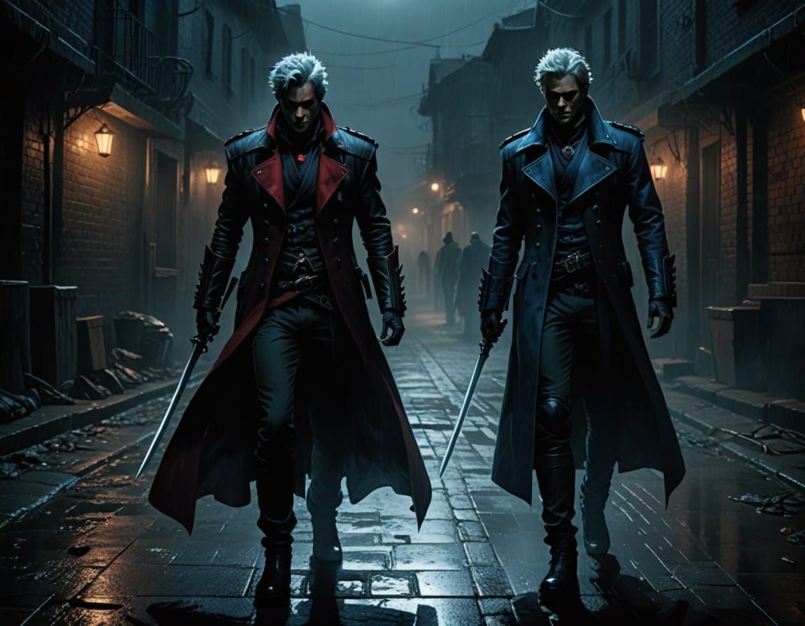 Epic Comic Book Art of Dante & Vergil in Dark Fantasy Alleyw...