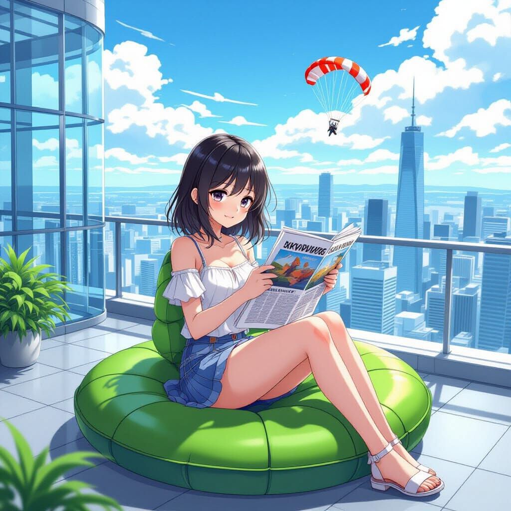 Girl Reads Mars Newspaper on Skyscraper Rooftop