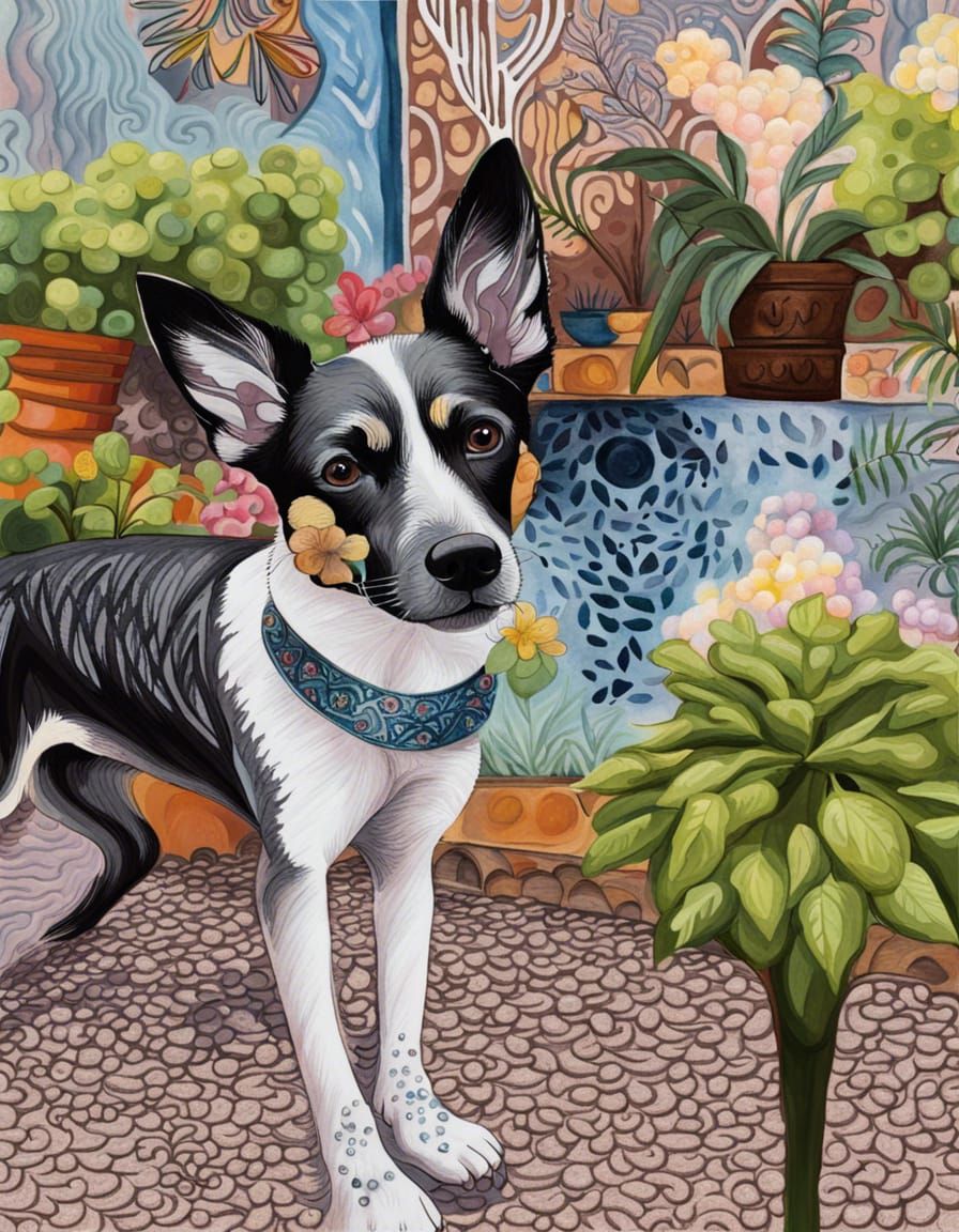 Stylized Ink Painting of a Dog in Garden
