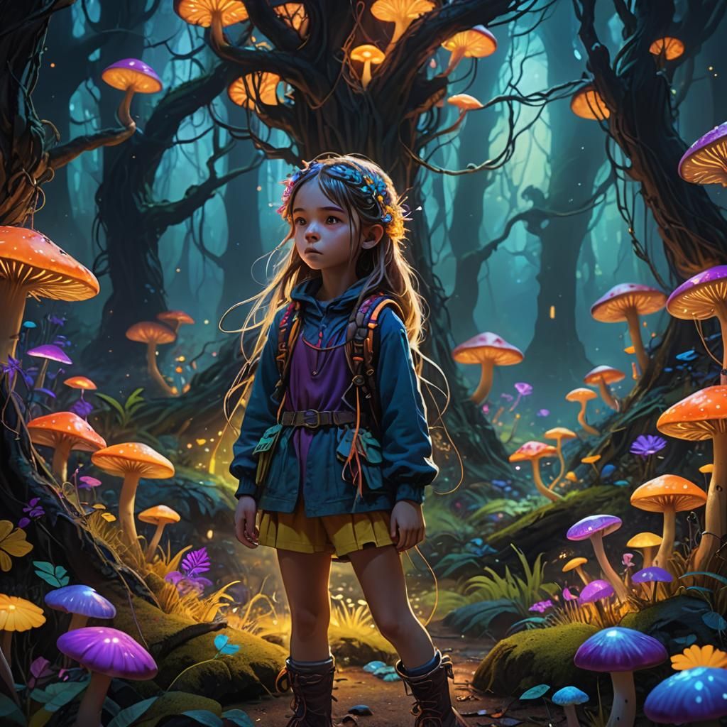 Girl with Glowing Scoubidou in Mystical Forest
