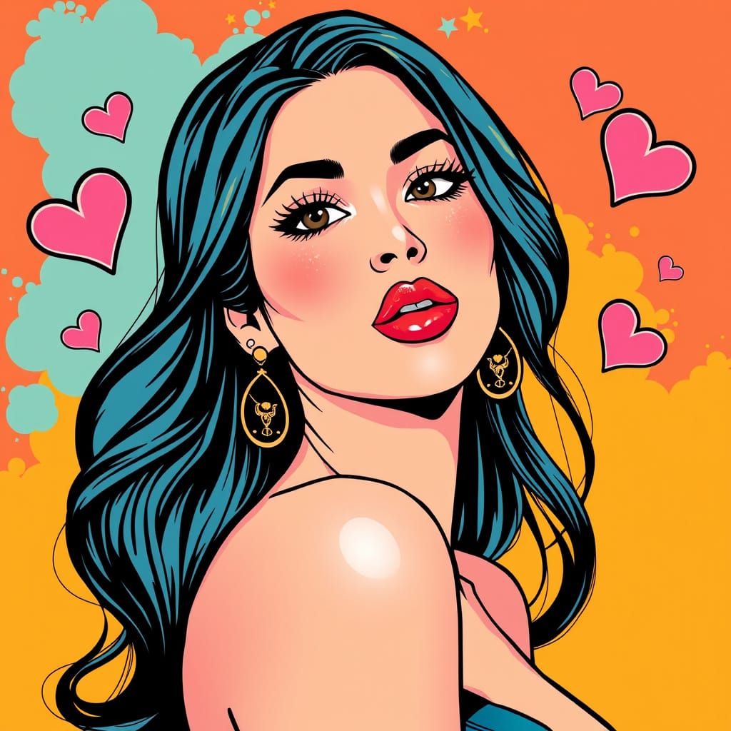 Romantic Whimsy Portrait with Playful Kisses and Love Symbol...