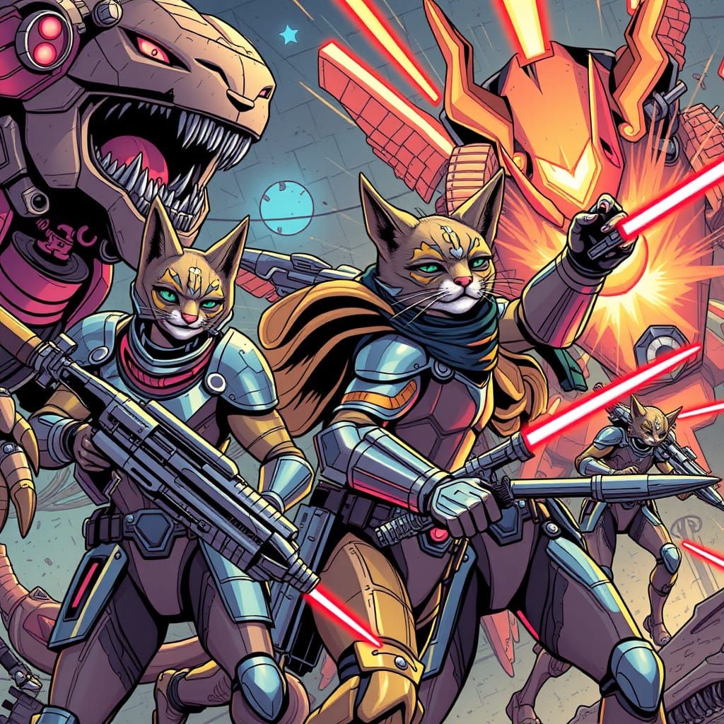 Feline Warriors Battle Robotic Beasts in Dystopian Future