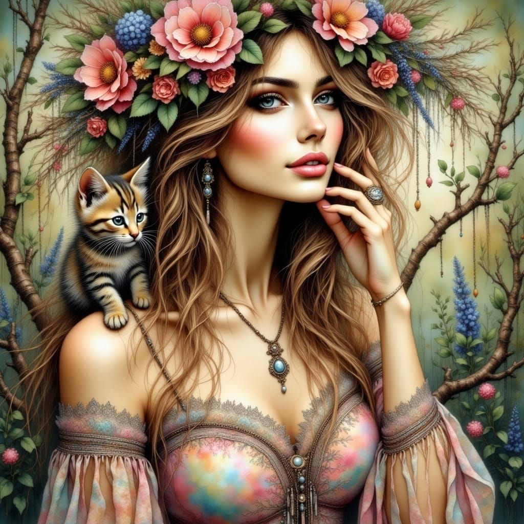Elegant Floral Woman with Kitten, in Art Nouveau Style