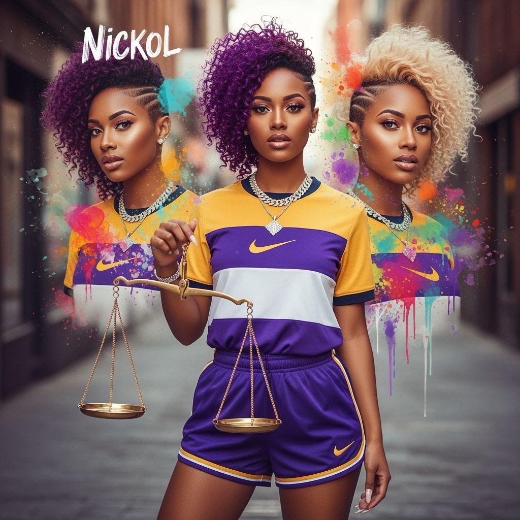 Hyperrealistic Woman with Libra Scale in Colorful Street Art