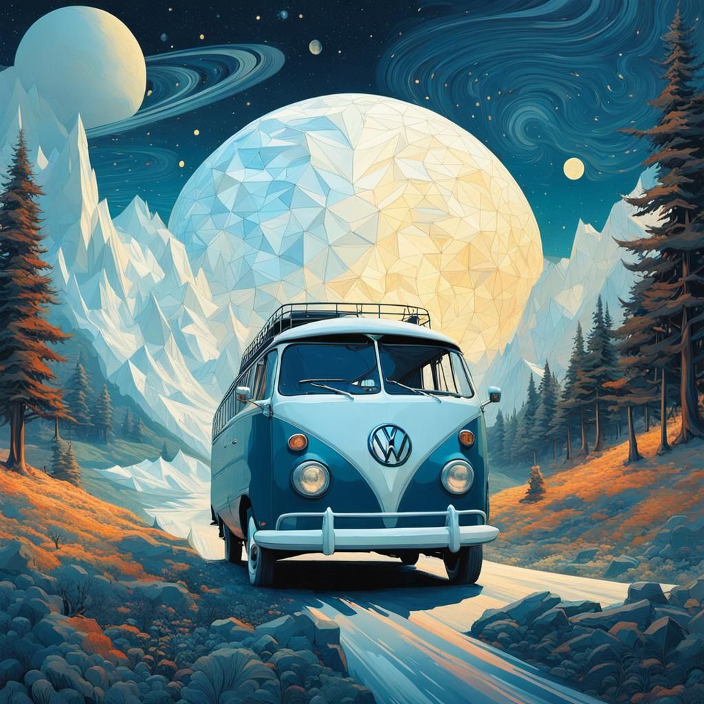 Detailed Landscape Volkswagen Combi in Digital Art Style