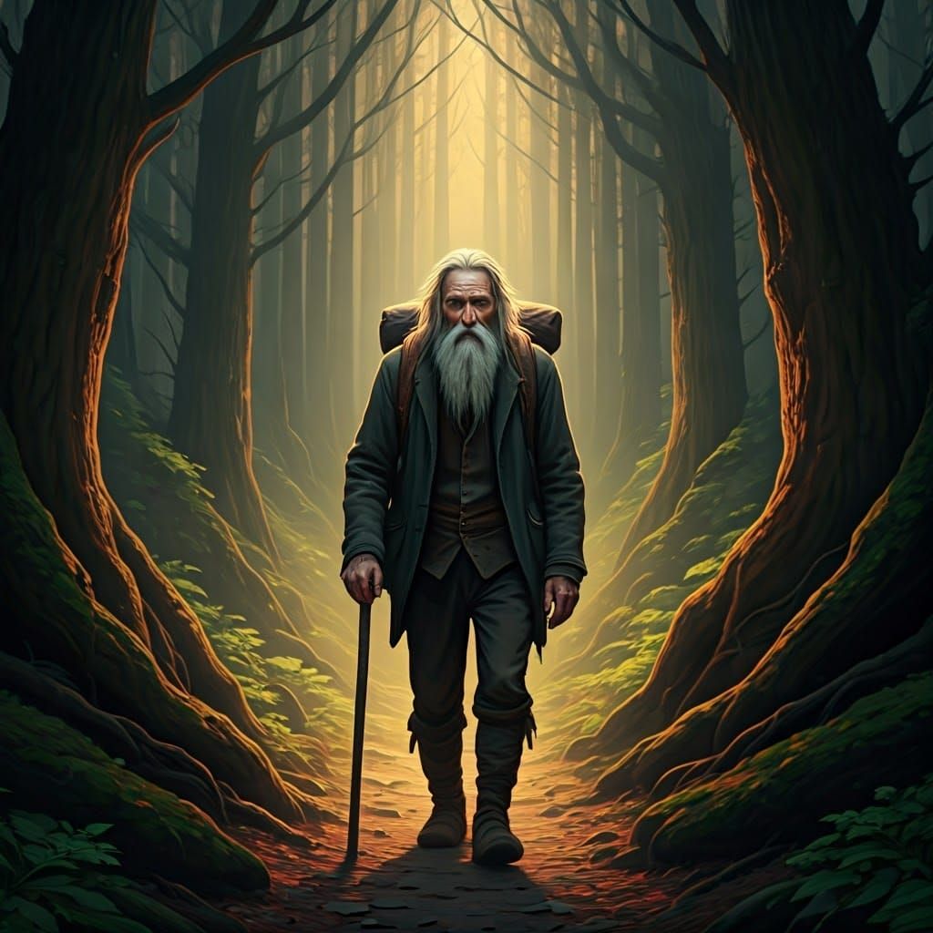 Elderly Traveler in Dark Forest Landscape