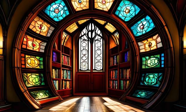 Hobbit Library with Stained-Glass Windows