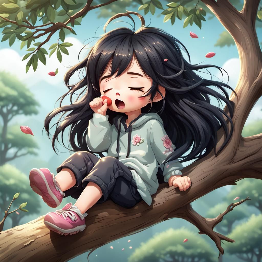 Cute Chibi Girl on Branch in Pop Japonisme Style