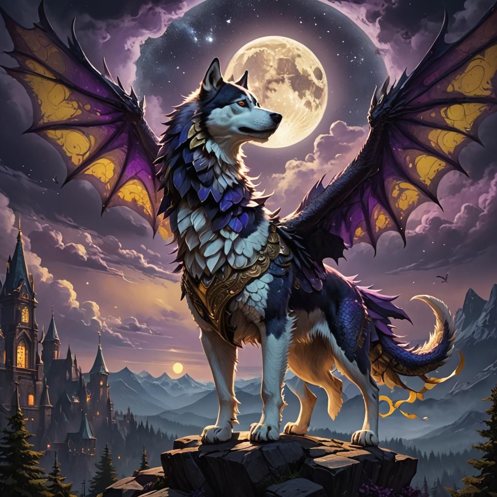 Dragon-Winged Husky in Dark Fantasy Style