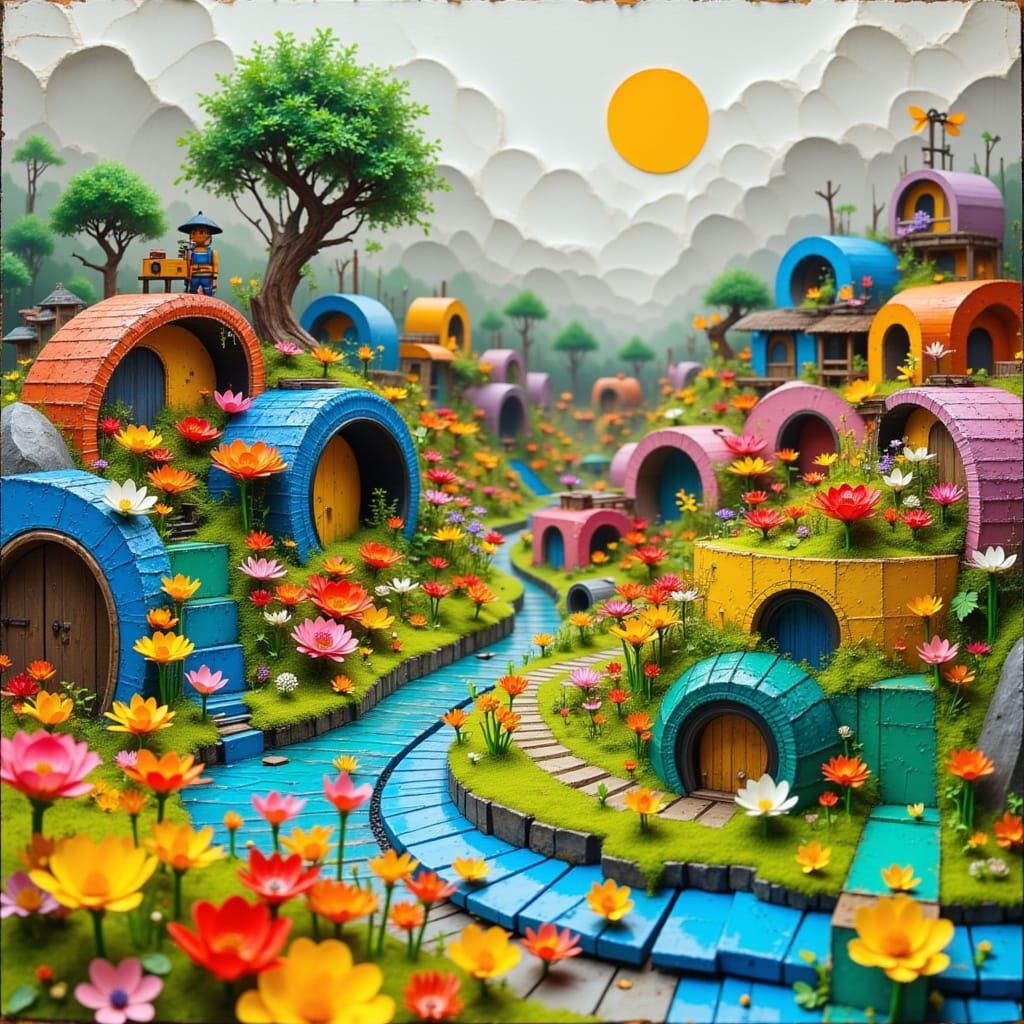 Whimsical Eco-Friendly Village in Vibrant Colors