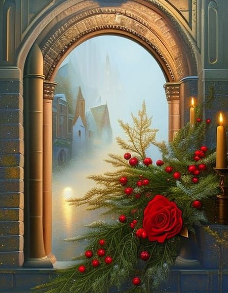 Christmas Archway Oil Painting with Roses and Candles