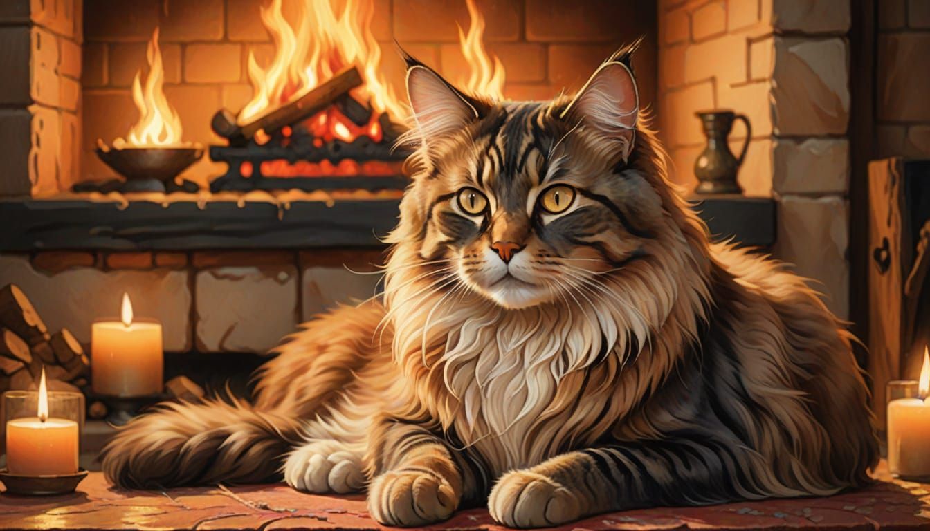 Cozy Cat Purring by Fireplace in Watercolor Style