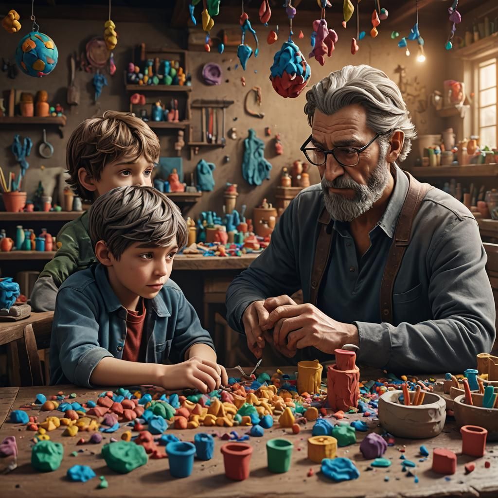 Father and Son Create Plasticine Figures: Detailed Matte Pai...