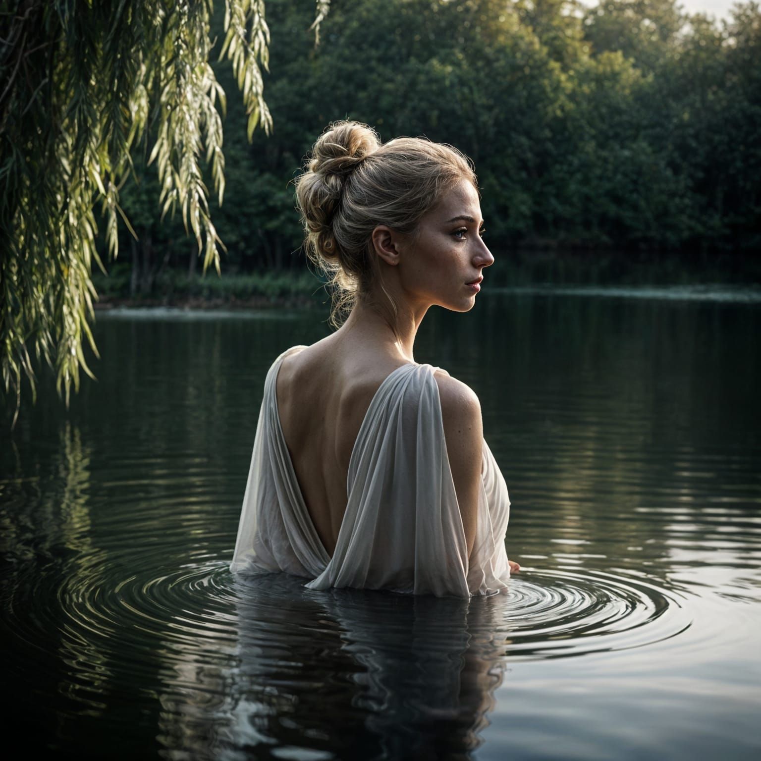 Ethereal Woman and Swan by Calm Lake