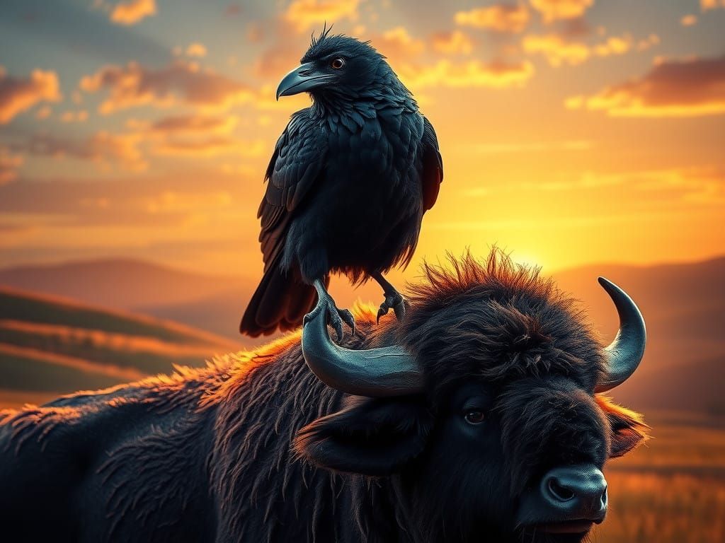 Regal Raven Perches on a Buffalo in Golden Dawn Light