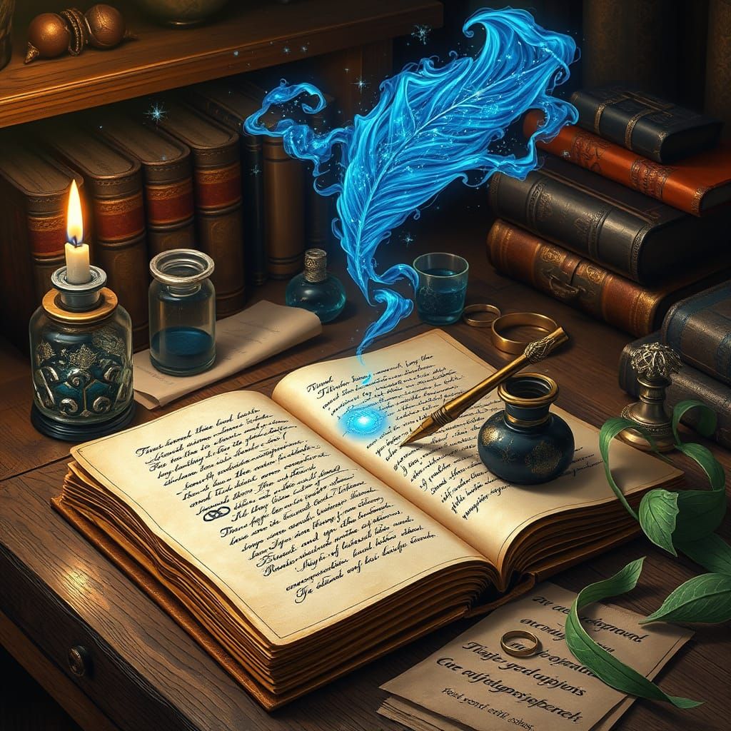 Ancient Book Unfolds in Ethereal Blue Script, Holographic As...