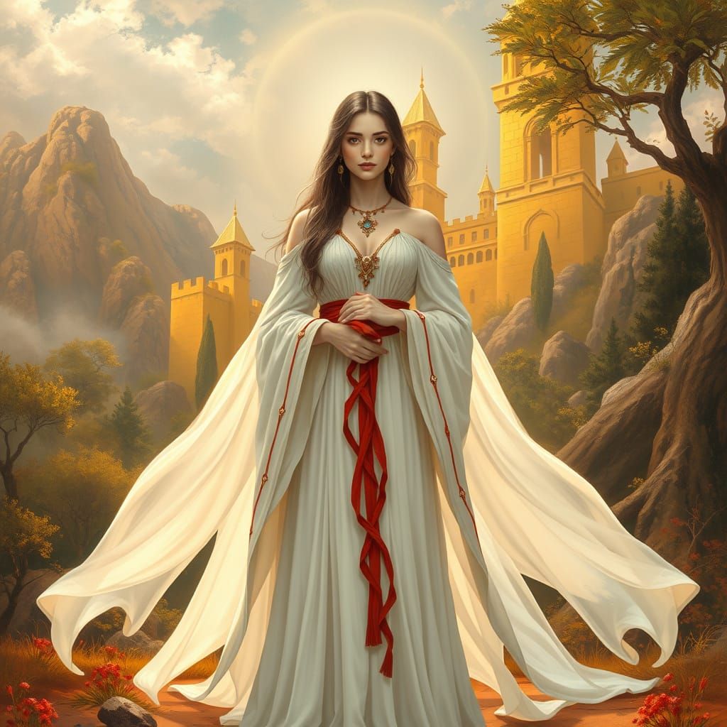 Mystical Woman in Radiant Castle Landscape