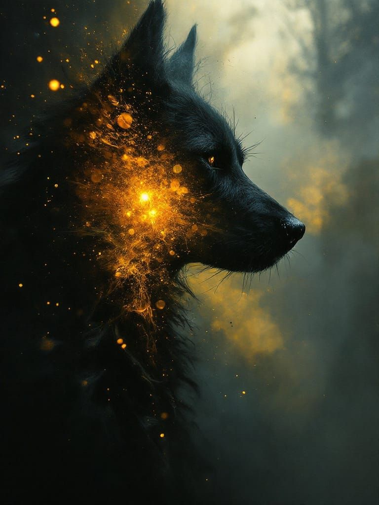 Black Wolf Profile in Smoky Mist with Golden Light