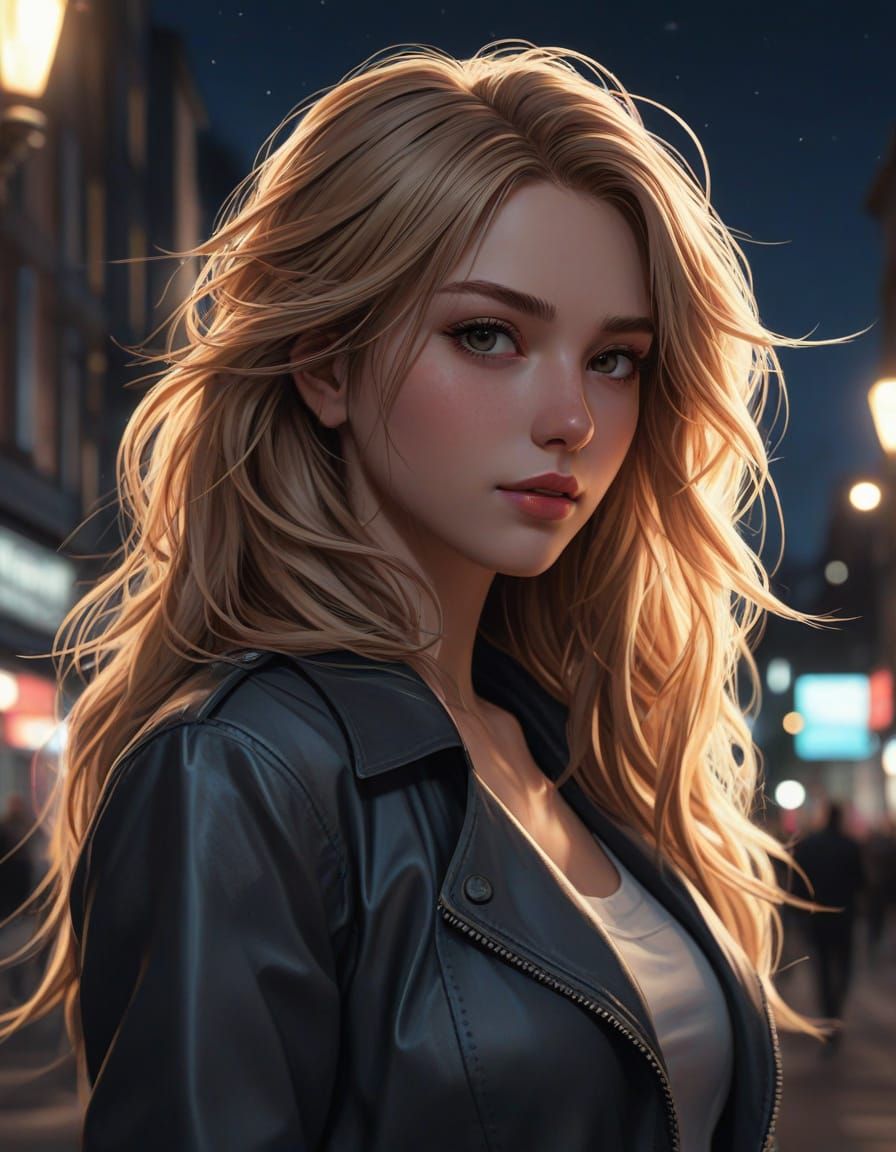 Anime Woman in Neon City at Night