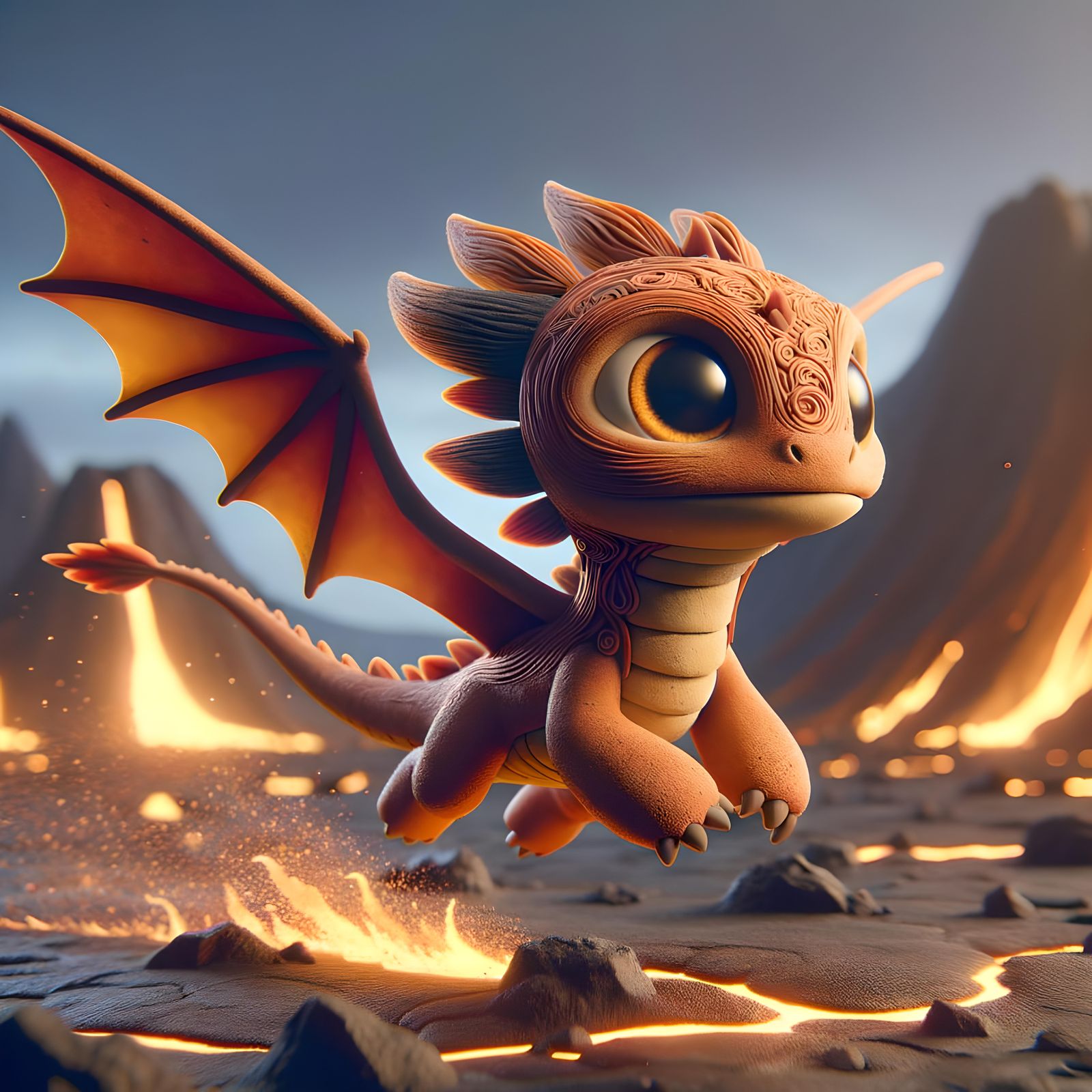 This prompt is already very detailed, so can be used AS-IS: close up of an adorable cute baby fire dragon flying above a...