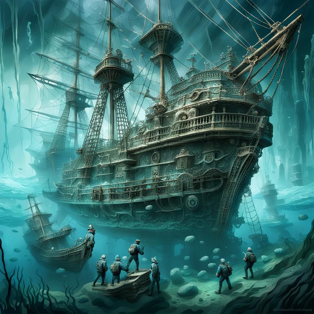 Ethereal Glass Shipwreck with Ghost Sailors